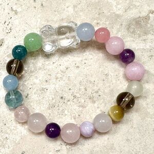 HANDMADE Multicolor Beaded Gemstone Stretch Bracelet with Teddy Bear Stone Charm